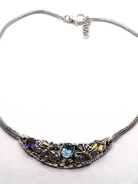 Sterling Silver & 18K Gold Butterfly Garden Necklace with Genuine Gemstones